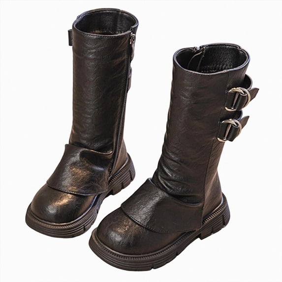 KPOPLK Girls Lace Up Mid Calf Combat Boots Fashion Round Toe Side Zipper Lug Sole Punk Goth Boot for Toddler Little Kid Big Kid(1,Black)