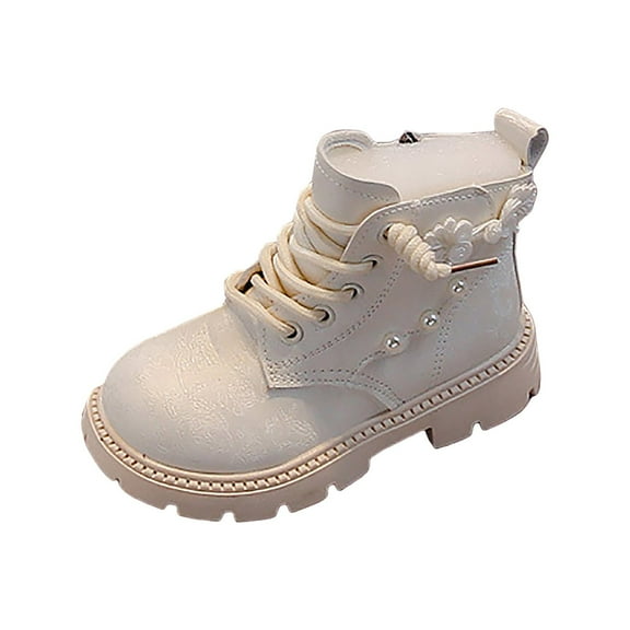 KPOPLK Girls Lace Up Waterproof Ankle Boots Zip-Up Shoes for Toddler/Little Kid/Big Kid(13.5,White)
