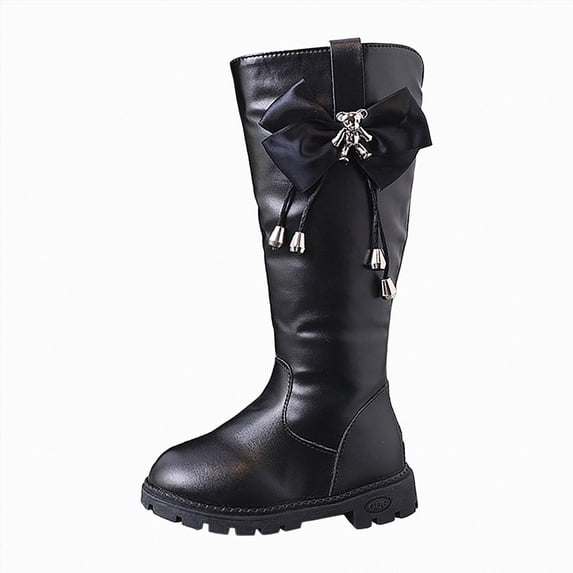 KPOPLK Girls' Leather Knee High Boots Bow Fashion Pendant Non-Slip Princess Boots Thick Sole Dress Boots(10,Black)