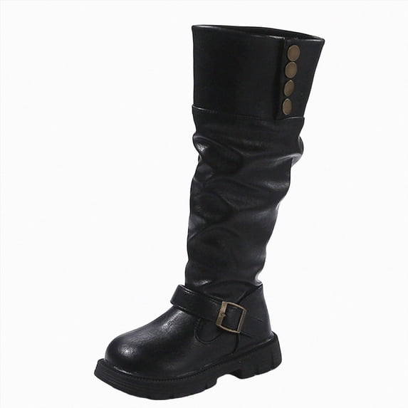 KPOPLK Girls Leather Lace Up Knee High Boots with Side Zipper Fashion Comfortable Round Toe Low Heel Combat Riding Boots Tall Boots Little Kid/Big Kid(26,Black)