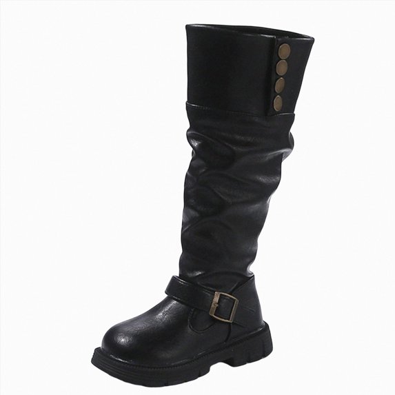 KPOPLK Girls Leather Lace Up Knee High Boots with Side Zipper Fashion Comfortable Round Toe Low Heel Combat Riding Boots Tall Boots Little Kid/Big Kid(29,Black)