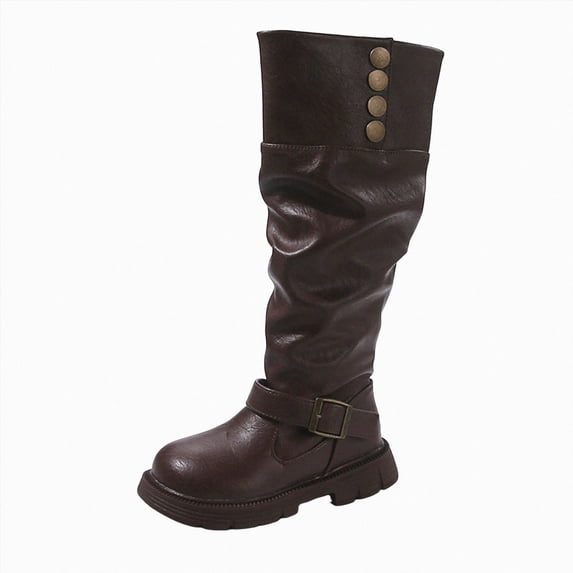 KPOPLK Girls Leather Lace Up Knee High Boots with Side Zipper Fashion Comfortable Round Toe Low Heel Combat Riding Boots Tall Boots Little Kid/Big Kid(29,Brown)