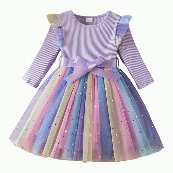 KPOPLK Girls Long Sleeved Dress Comfortable Soft Mesh Fashionable Princess Dress(3-4 Years,A47-Purple)