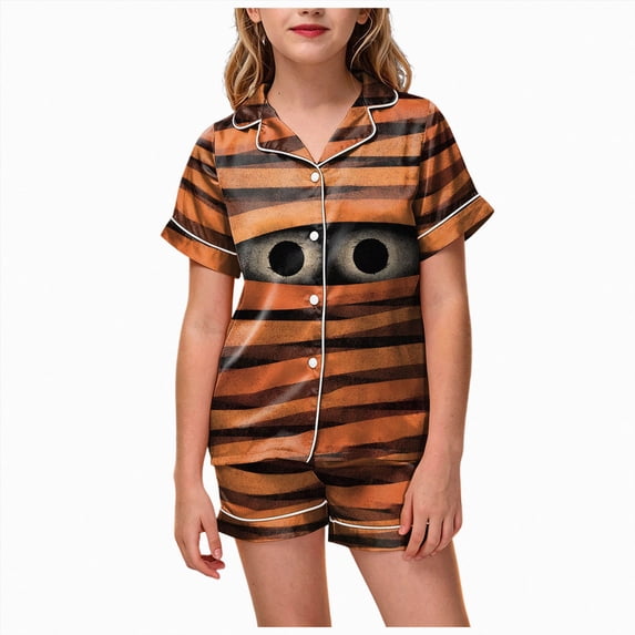 KPOPLK Girls Pajama Sets Cotton Sleepwear Button Down Short Sleeve with Ruffle Shorts PJS 2-12Y,Size 10-11 Years
