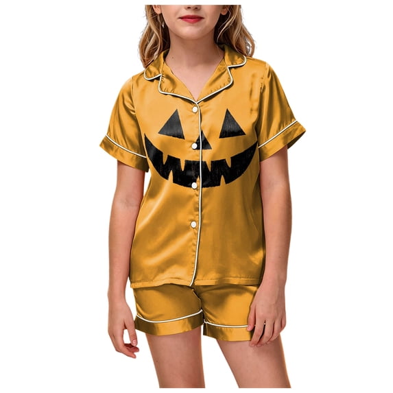 KPOPLK Girls Pajama Sets Cotton Sleepwear Button Down Short Sleeve with Ruffle Shorts PJS 2-12Y,Size 6-7 Years
