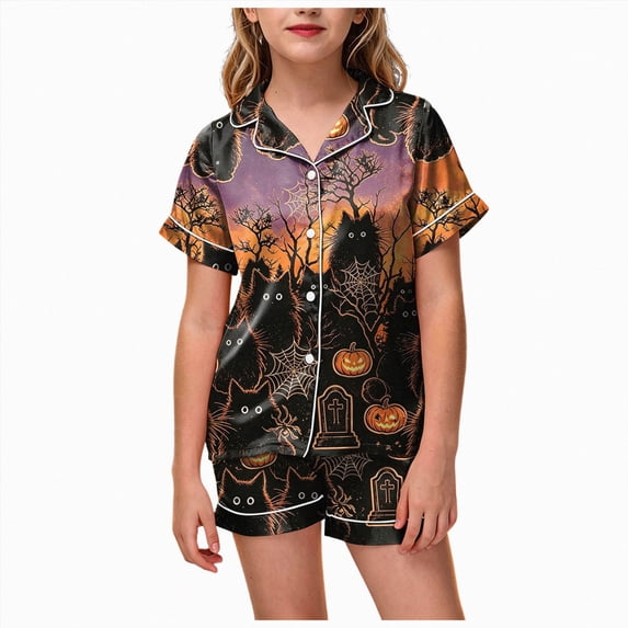KPOPLK Girls Pajama Sets Cotton Sleepwear Button Down Short Sleeve with Ruffle Shorts PJS 2-12Y,Size 8-9 Years
