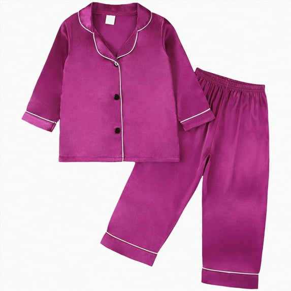 KPOPLK Girls Pajamas Silk Satin Pajama Set Long Sleeve Button Down Sleepwear(5-6 Years,S46-Dark Purple)