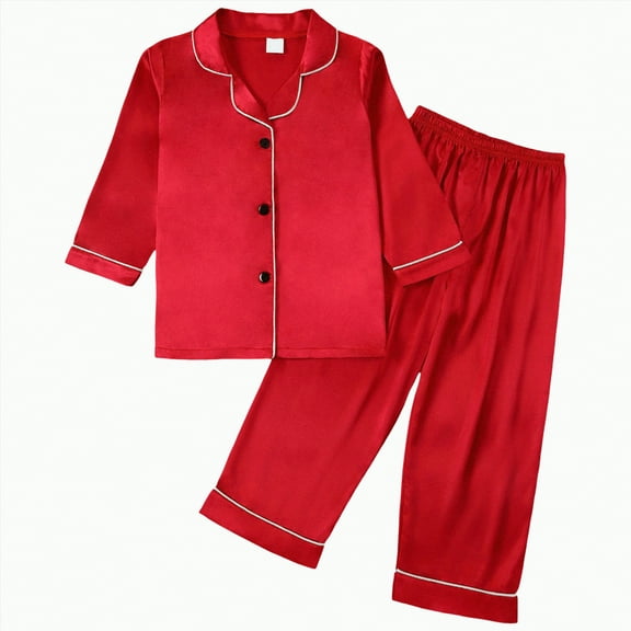 KPOPLK Girls Pajamas Silk Satin Pajama Set Long Sleeve Button Down Sleepwear(5-6 Years,S49-Red)