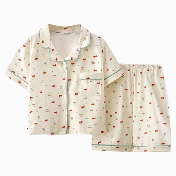 KPOPLK Girls Pjs Outfit Toddler Girl 2 Piece Button Down Cute Print Short Sleeve & Shorts Pjs Set Soft Fun Sleepwear for Kids Clothes Size 7-8 Years,Beige