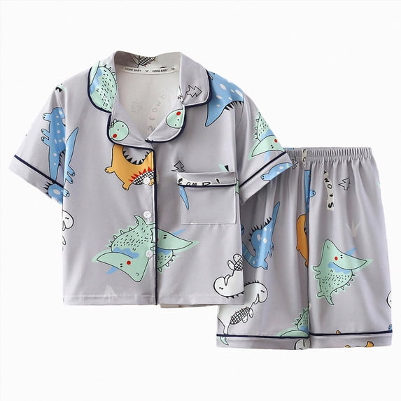 KPOPLK Girls Pjs Outfit Toddler Girl 2 Piece Button Down Cute Print Short Sleeve & Shorts Pjs Set Soft Fun Sleepwear for Kids Clothes Size 7-8 Years,Grey