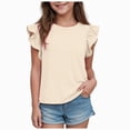 thumbnail image 1 of KPOPLK Girls Ruffle Sleeve Shirts Summer Crewneck Eyelet Plain Tee Tops Casual Cute Blouse 1-10 Years Size 2-3 Years,Beige, 1 of 5