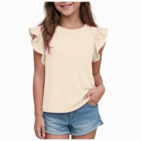 KPOPLK Girls Ruffle Sleeve Shirts Summer Crewneck Eyelet Plain Tee Tops Casual Cute Blouse 1-10 Years Size 2-3 Years,Beige