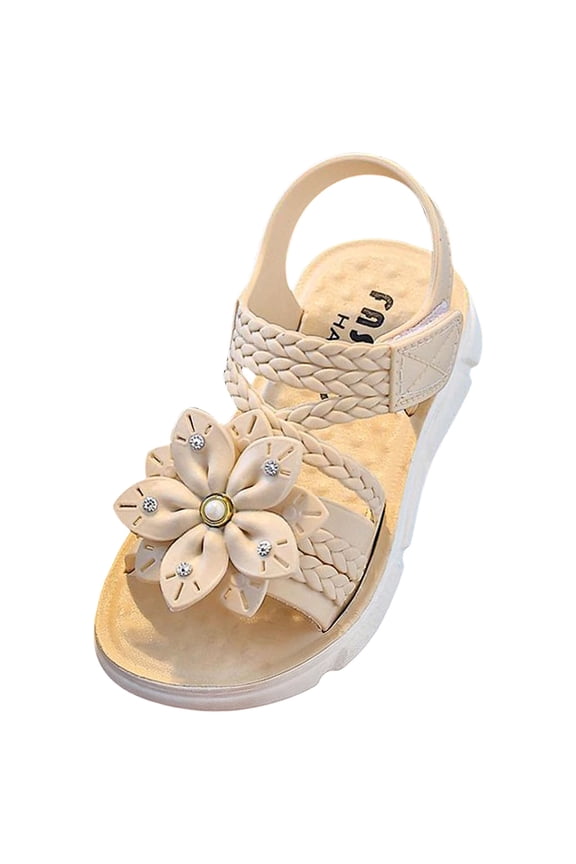 Girls Sandals - Open Toe Flats with Soft Cushion & Glitter Straps Summer Dress Sandals for Toddlers Little Kid Big Kid Size 8.5,Beige
