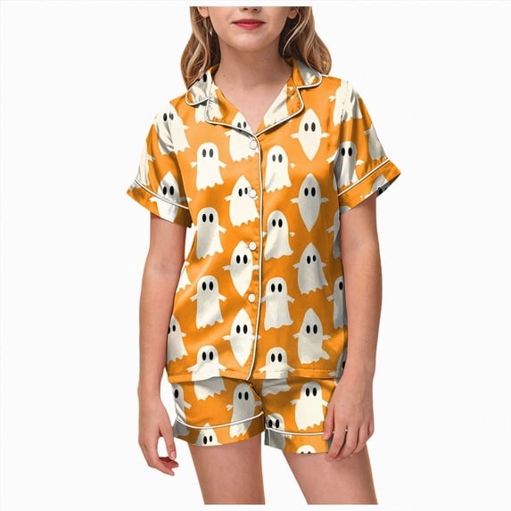 KPOPLK Girls Satin Pajamas Set Halloween Button Down Silk 2 Piece Pj Sets Ruffle Short Sleeve Sleepwear,Size 10-11Years