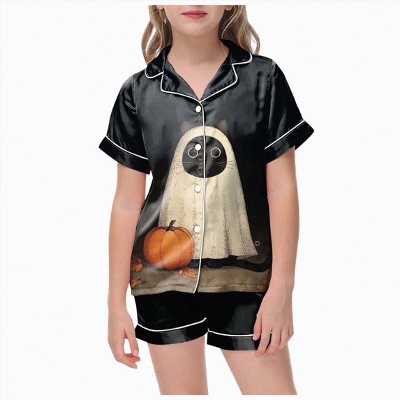 KPOPLK Girls Satin Pajamas Set Halloween Button Down Silk 2 Piece Pjs Sets Short Sleeve Sleepwear for 2T-13T,Size 12-13Years