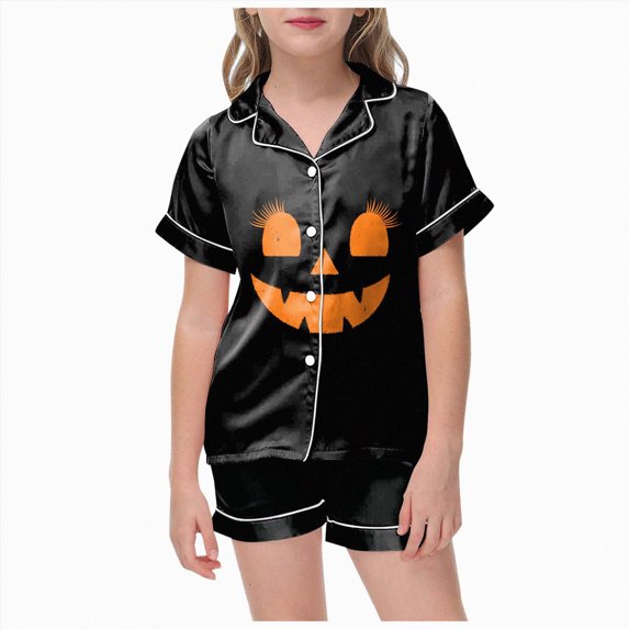 KPOPLK Girls Satin Pajamas Set Halloween Button Down Silk 2 Piece Pjs Sets Short Sleeve Sleepwear for 2T-13T,Size 6-7Years