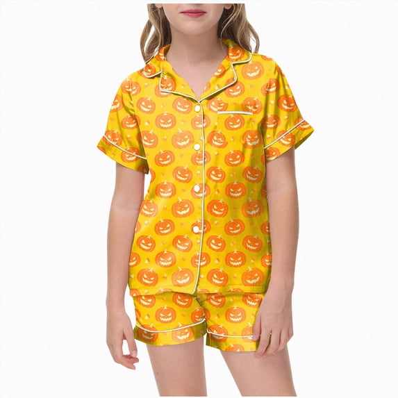 KPOPLK Girls Satin Silk Sleepwear Outfit Halloween Short Sleeve Button Down Pajamas and Shorts 2Pcs Jammies,Size 6-7 Years