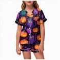 thumbnail image 1 of KPOPLK Girls Short Sleeve Halloween Pajamas Set for Kids Cute Print Collared Tops and Shorts Pjs Set Satin Silk Lightweight Kids Halloween 2 Pieces Outift,Size 4-5 Years, 1 of 5
