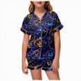 thumbnail image 1 of KPOPLK Girls Short Sleeve Halloween Pajamas Set for Kids Cute Print Collared Tops and Shorts Pjs Set Satin Silk Lightweight Kids Halloween 2 Pieces Outift,Size 4-5 Years, 1 of 5