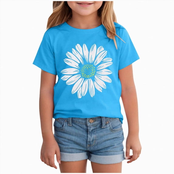 KPOPLK Girls Short Sleeve Shirts,Athletic T-Shirts,Basic Summer Tee Tops,Causal Round Neck Shirts for Kids Size 7-8 Years,Blue