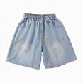 thumbnail image 1 of KPOPLK Girls Stretchy Denim Shorts Summer Casual Drawstring Elastic Waist Jean Shorts Jorts with Pockets,Sky Blue,Size 7-8 Years, 1 of 6