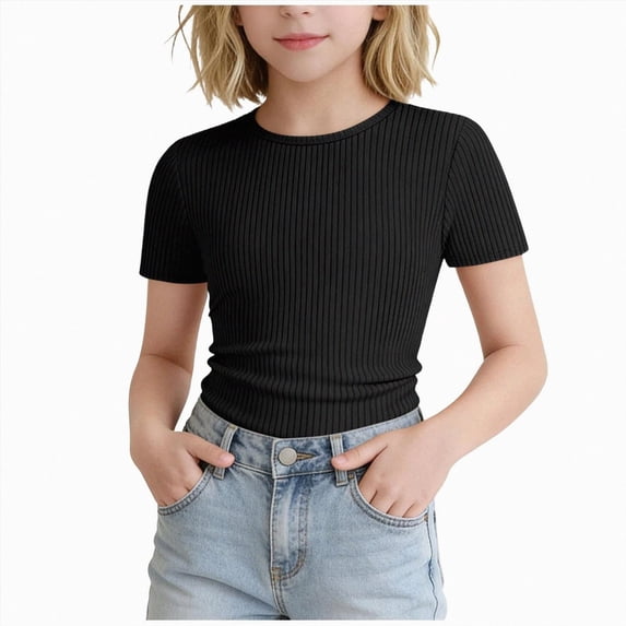 KPOPLK Girls Summer T Shirts Kids Casual Crewneck Solid Short Sleeve Loose Basic Tee Tops 1-12 Years Size 7-8 Years,Black
