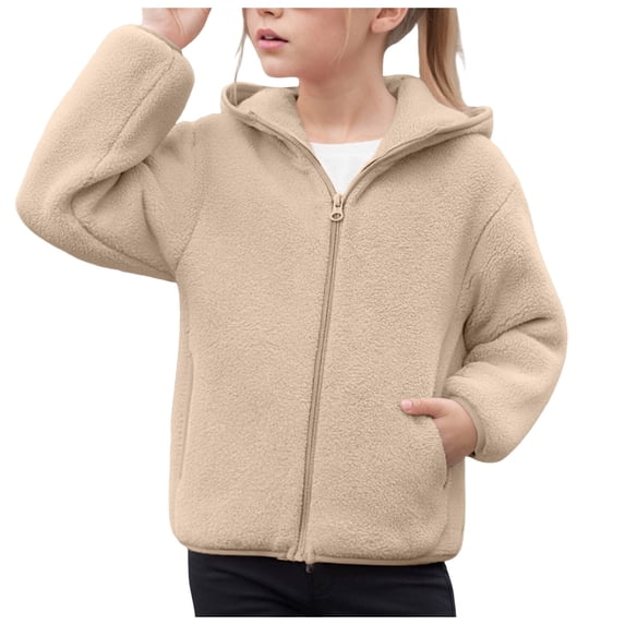 KPOPLK Girls Sweatshirt Soft Fleece Girls Zip Up Hoodie Sweatshirt Fall Teen Casual Outwear Tops Khaki,Size 11-12 Years