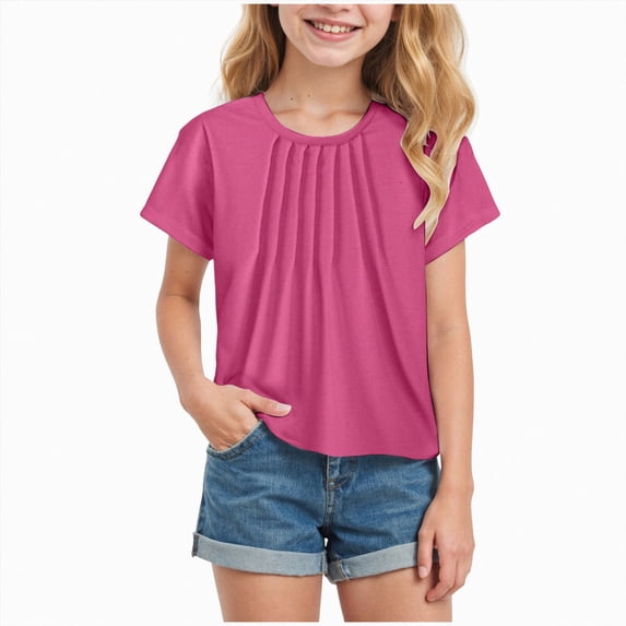 KPOPLK Girls T Shirts Ruffle Short Sleeve Summer Pleated Crewneck Casual Tops Tees Blouses Size 13-14 Years,Hot Pink