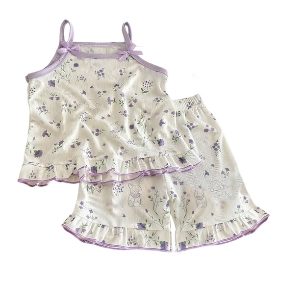 KPOPLK Girls Tank Top Pajamas Summer Baby Girls Cotton Shorts PJS Set Infant Clothes for Tween/Teens Purple Size 5-6 Years