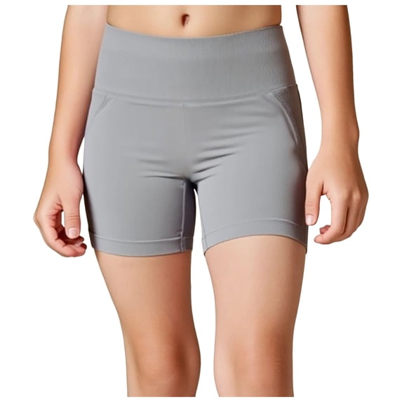KPOPLK Girls Yoga Shorts-5" Soft High Waisted Athletic Dance Gymnastics Spandex Volleyball Biker Shorts for Girls 6-14Years,Light Gray,Size 11-12 Years