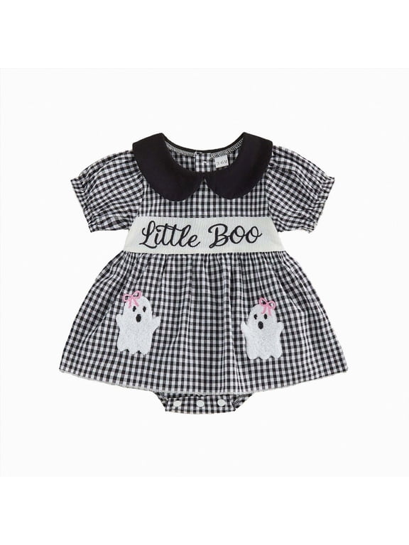 Halloween Baby Girl Skirted Romper Puff Sleeve Ghost Applique Bodysuit Onesie 3 6 9 12 18 Months Fall Infant Clothes Size 0-3 Months,Black
