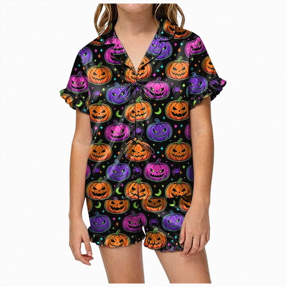 KPOPLK Halloween Pajamas Girls 2 Piece Pumpkin Ghost Sleepwear Short Sleeve Jammies for Kids Button-Down Nightwear Kids Pajamas Girls,Size 2-3 Years