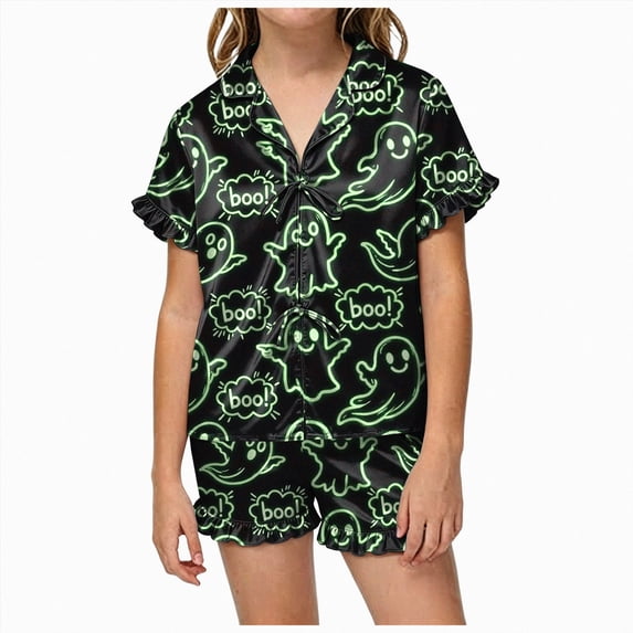KPOPLK Halloween Pajamas Girls 2 Piece Pumpkin Ghost Sleepwear Short Sleeve Jammies for Kids Button-Down Nightwear Kids Pajamas Girls,Size 3-4 Years