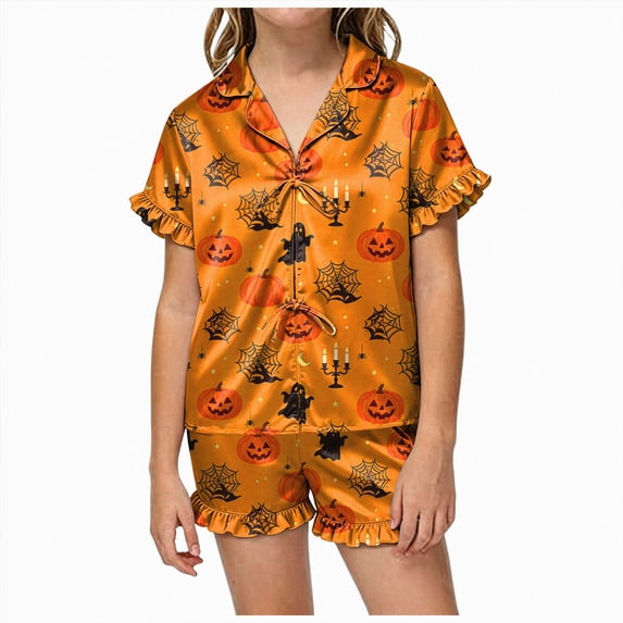 KPOPLK Halloween Pajamas Girls 2 Piece Pumpkin Ghost Sleepwear Short Sleeve Jammies for Kids Button-Down Nightwear Kids Pajamas Girls,Size 5-6 Years
