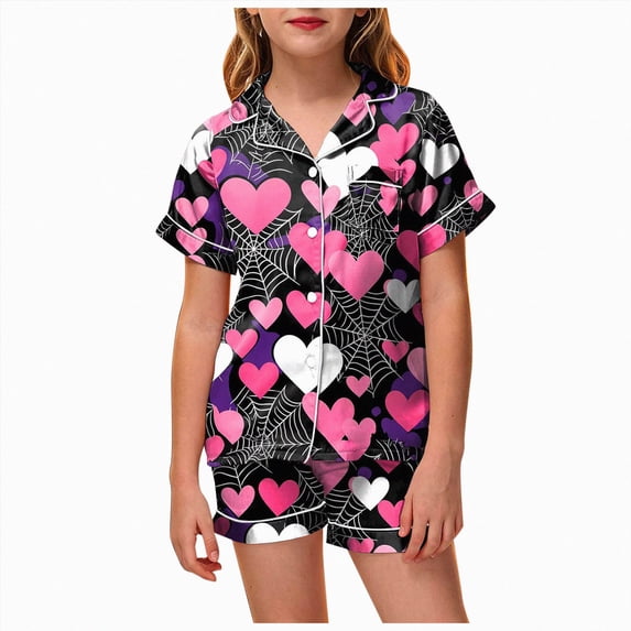 KPOPLK Halloween Pajamas Sets for Girls 2T-13T Short Sleeve Button Down Shirt and Elastic Waist Shorts Jammies Teen Girl 2 Piece Pjs,Size 2-3 Years
