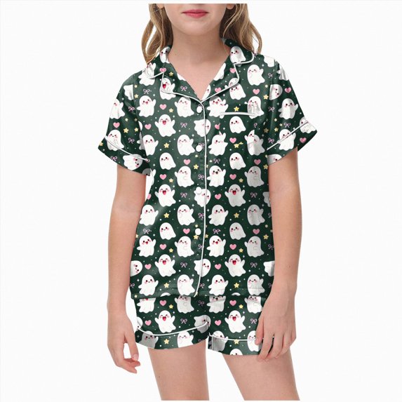 KPOPLK Halloween Pajamas for Girl Teen Satin Silk Pjs Short Sleeve Button Down Shirt and Shorts Set Sleepwear,Size 8-9 Years