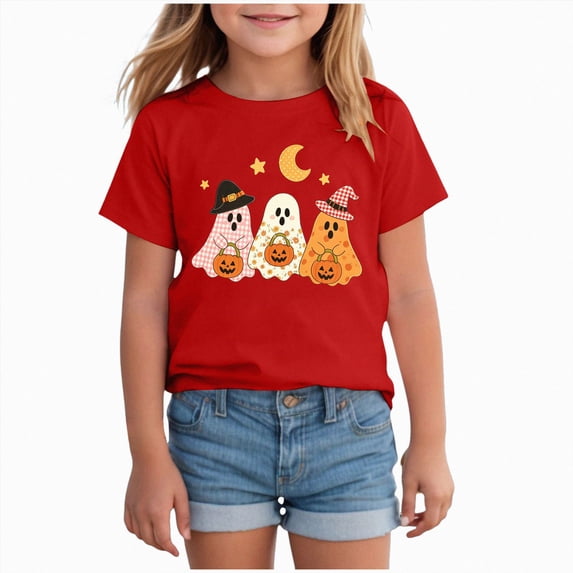 KPOPLK Halloween Shirt for Toddler Girls Ghost Graphic Tshirt Cute Season Short Sleeve Tops for Kids Size 5-6 Years,Red