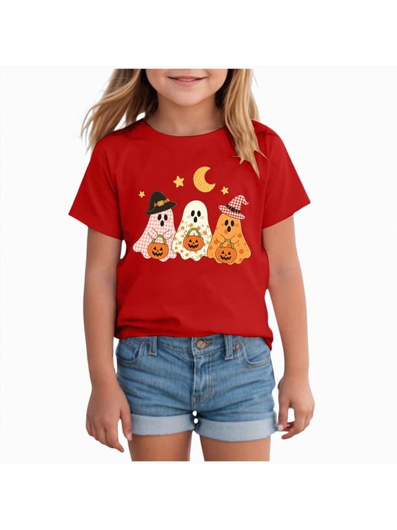 Halloween Shirt for Toddler Girls Ghost Graphic Tshirt Cute Season Short Sleeve Tops for Kids Size 9-10 Years,Red