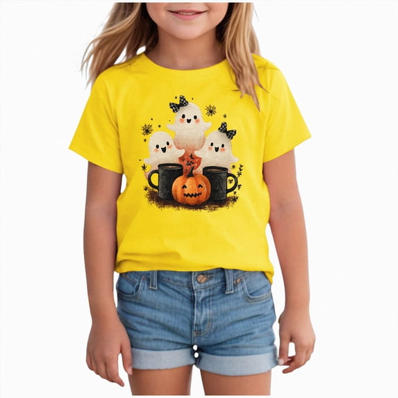 KPOPLK Halloween Shirts for Girl: Cute Ghost Shirt Halloween T-Shirt Kids Spooky Season Short Sleeve Tee Tops,Size 6-7 Years