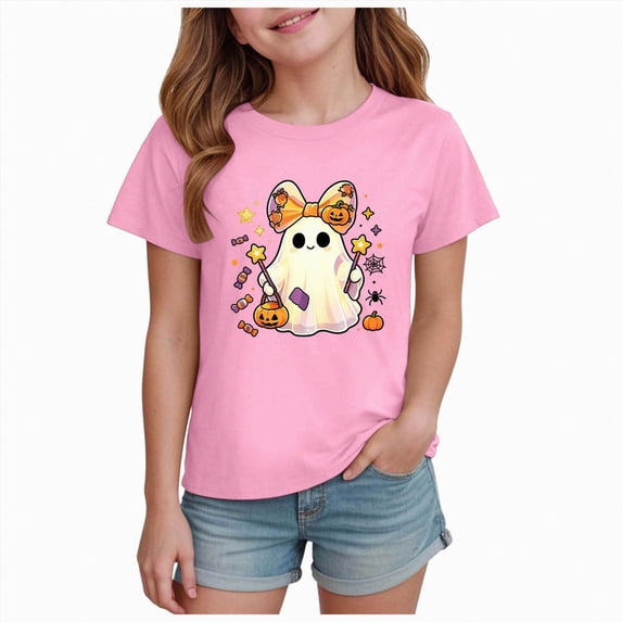 KPOPLK Halloween Shirts for Girls Pumpkin Ghost Graphic Tshirts Cotton Short Sleeve Tee 1-14 Years,Size 9-10 Years