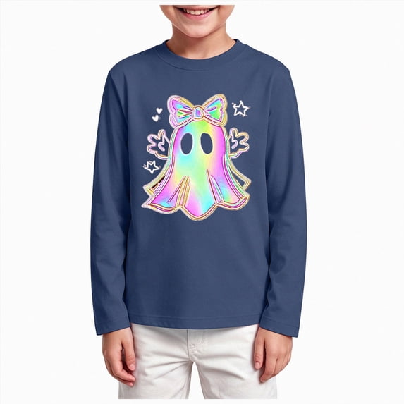 KPOPLK Halloween Shirts for Kids Boys Girls Ghost Tshirt Long Sleeve Funny Tee Tops Toddler Halloween Tshirt(3-4 Years,Navy)