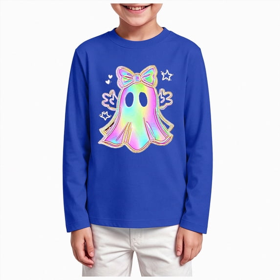 KPOPLK Halloween Shirts for Kids Boys Girls Ghost Tshirt Long Sleeve Funny Tee Tops Toddler Halloween Tshirt(9-10 Years,Dark Blue)