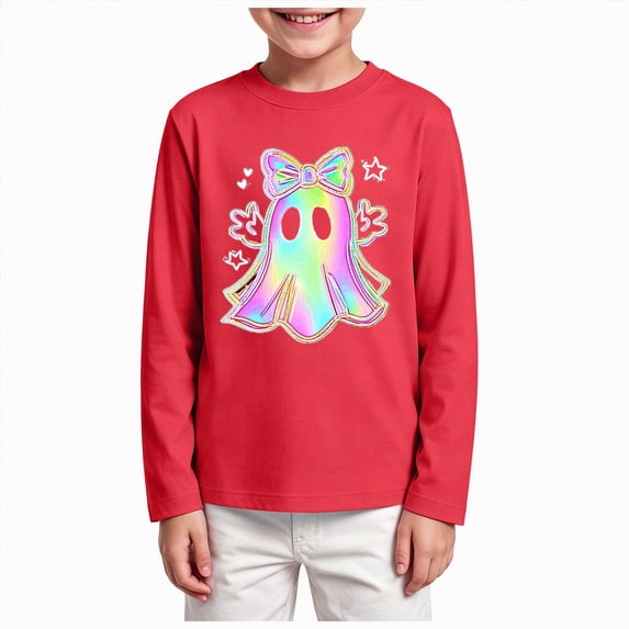 KPOPLK Halloween Shirts for Kids Boys Girls Ghost Tshirt Long Sleeve Funny Tee Tops Toddler Halloween Tshirt(9-10 Years,Red)