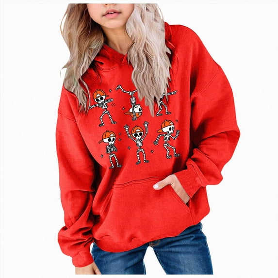 KPOPLK Halloween Sweatshirts for Teen Girls Kids Long Sleeve Hoodie Cute Skeleton Print Hoodie Drawstring Pullover Kids Clothes Red,Size 7-8 Years