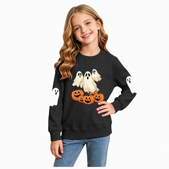 KPOPLK Halloween T-Shirt Toddler Kids Boys Girls Sweatshirts 2t 3t 4t 5t 6t Ghost Pumpkin Prints Tee Tops(6-7 Years,Black)