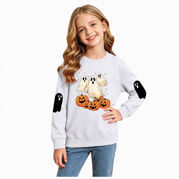 KPOPLK Halloween T-Shirt Toddler Kids Boys Girls Sweatshirts 2t 3t 4t 5t 6t Ghost Pumpkin Prints Tee Tops(6-7 Years,White)