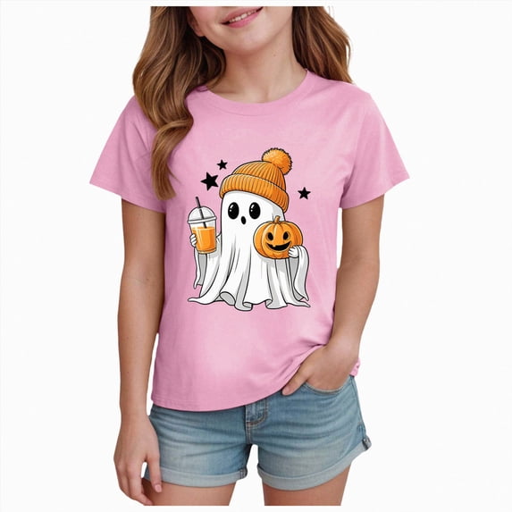 KPOPLK Halloween T-Shirt for Girls 1-14 Years Fall Short Slleve Round Neck Ghost Boo Print Tee Top,Size 5-6 Years
