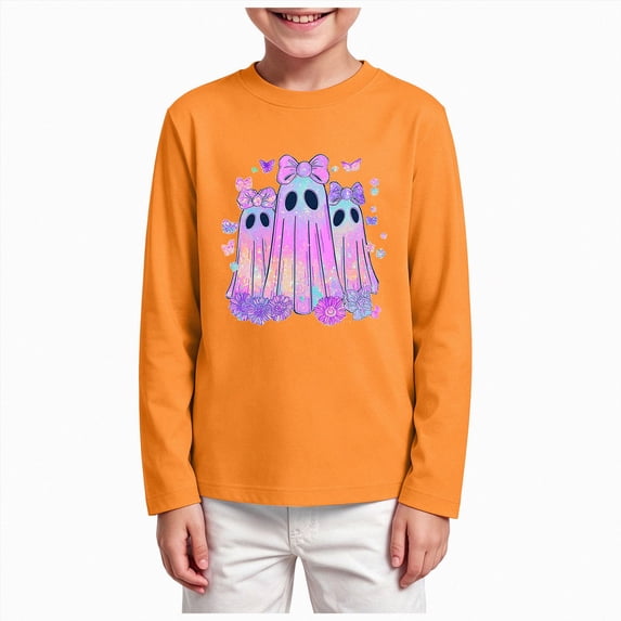 KPOPLK Halloween T-Shirt for Kids Funny Pattern Long Sleeve Ghost Graphic Tee Tops for Girls Boys(11-12 Years,Orange)