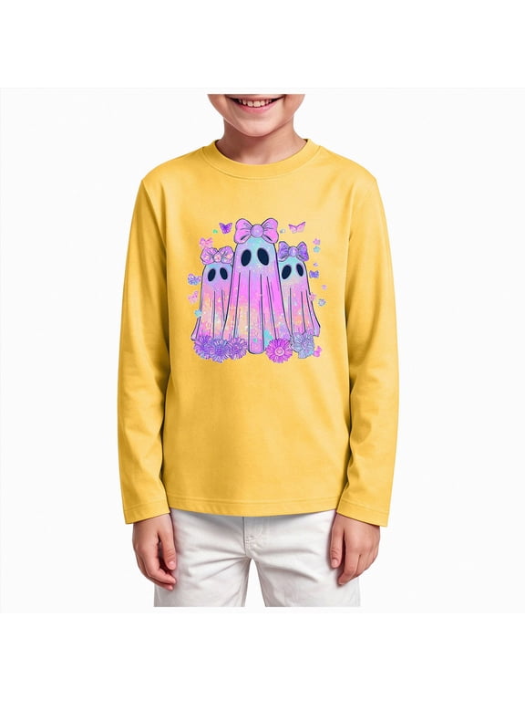 Halloween T-Shirt for Kids Funny Pattern Long Sleeve Ghost Graphic Tee Tops for Girls Boys(7-8 Years,Yellow)