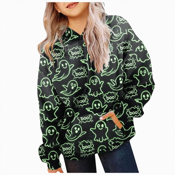 KPOPLK Hoodies for Teen Girls Long Sleeve Cute Halloween Sweatshirts Hooded Graphic Print Sweatshirt Preppy Clothes Fall Winter Orange,Size 11-12 Years